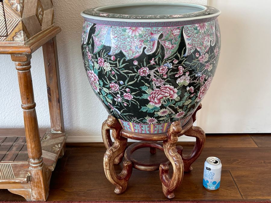 Large Chinese Porcelain Fish Bowl Planter With Wooden Stand 1’7”R X 1’6”H [Photo 2]