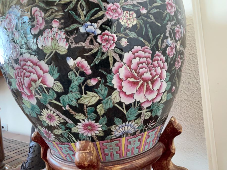 Large Chinese Porcelain Fish Bowl Planter With Wooden Stand 1’7”R X 1’6”H [Photo 10]