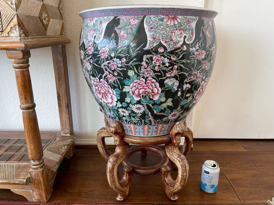 Large Chinese Porcelain Fish Bowl Planter With Wooden Stand 1’7”R X 1’6”H [Photo 15]