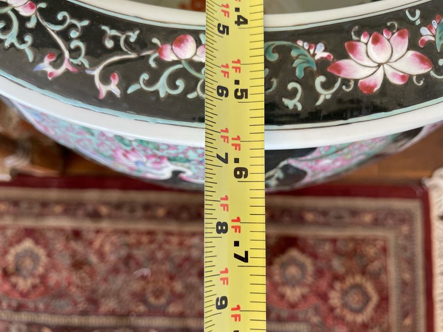 Large Chinese Porcelain Fish Bowl Planter With Wooden Stand 1’7”R X 1’6”H [Photo 23]