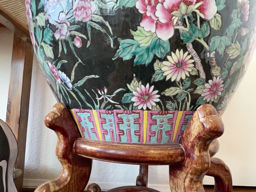 Large Chinese Porcelain Fish Bowl Planter With Wooden Stand 1’7”R X 1’6”H [Photo 8]