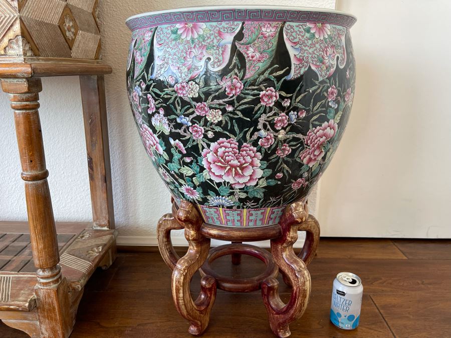 Large Chinese Porcelain Fish Bowl Planter With Wooden Stand 1’7”R X 1’6”H [Photo 11]