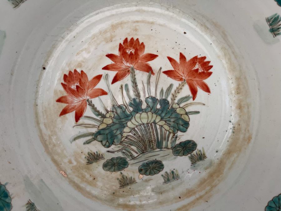 Large Chinese Porcelain Fish Bowl Planter With Wooden Stand 1’7”R X 1’6”H [Photo 18]