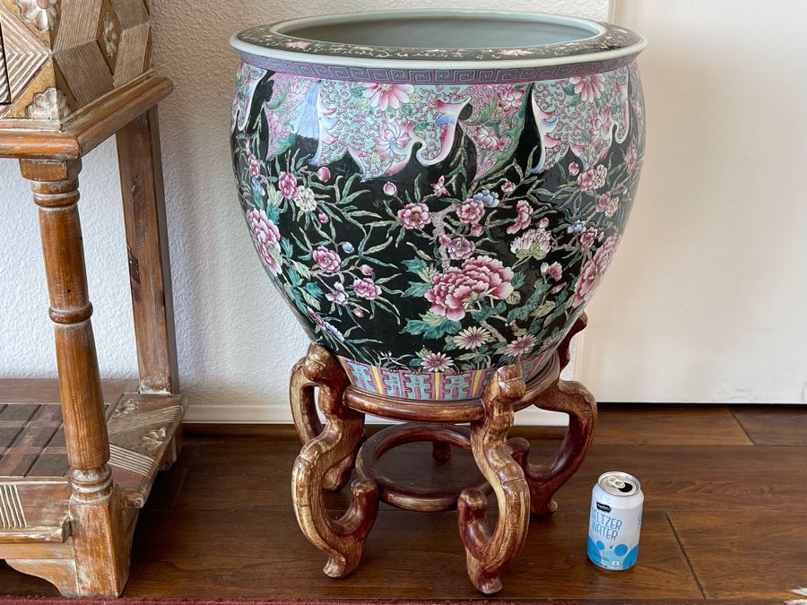 Large Chinese Porcelain Fish Bowl Planter With Wooden Stand 1’7”R X 1’6”H
