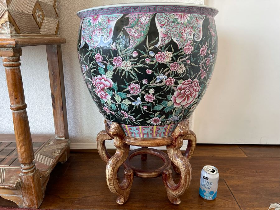 Large Chinese Porcelain Fish Bowl Planter With Wooden Stand 1’7”R X 1’6”H [Photo 13]