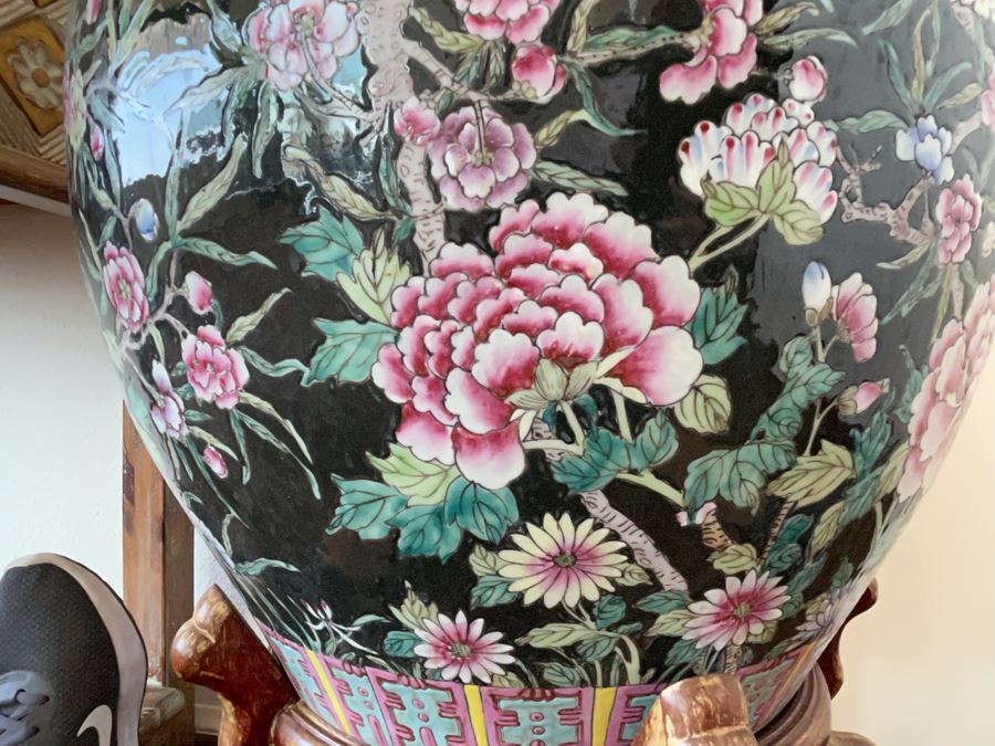 Large Chinese Porcelain Fish Bowl Planter With Wooden Stand 1’7”R X 1’6”H [Photo 9]