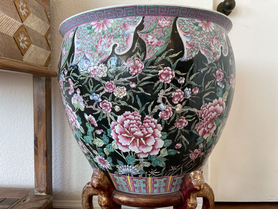 Large Chinese Porcelain Fish Bowl Planter With Wooden Stand 1’7”R X 1’6”H [Photo 12]