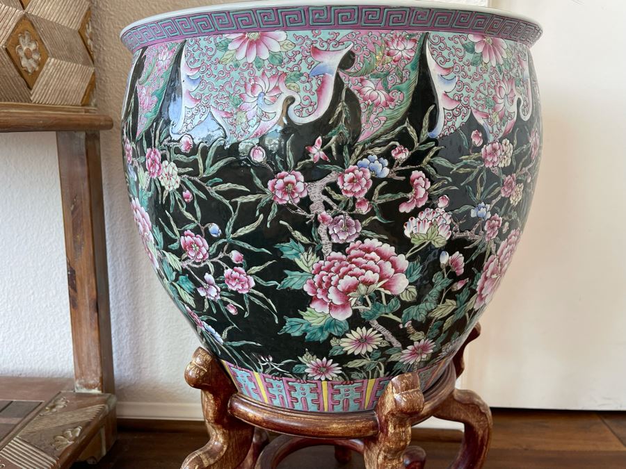 Large Chinese Porcelain Fish Bowl Planter With Wooden Stand 1’7”R X 1’6”H [Photo 3]