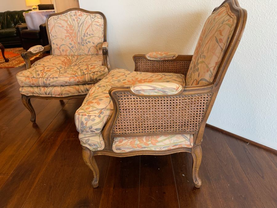 Pair Of Upholstered Armchairs With Cane Sides [Photo 4]