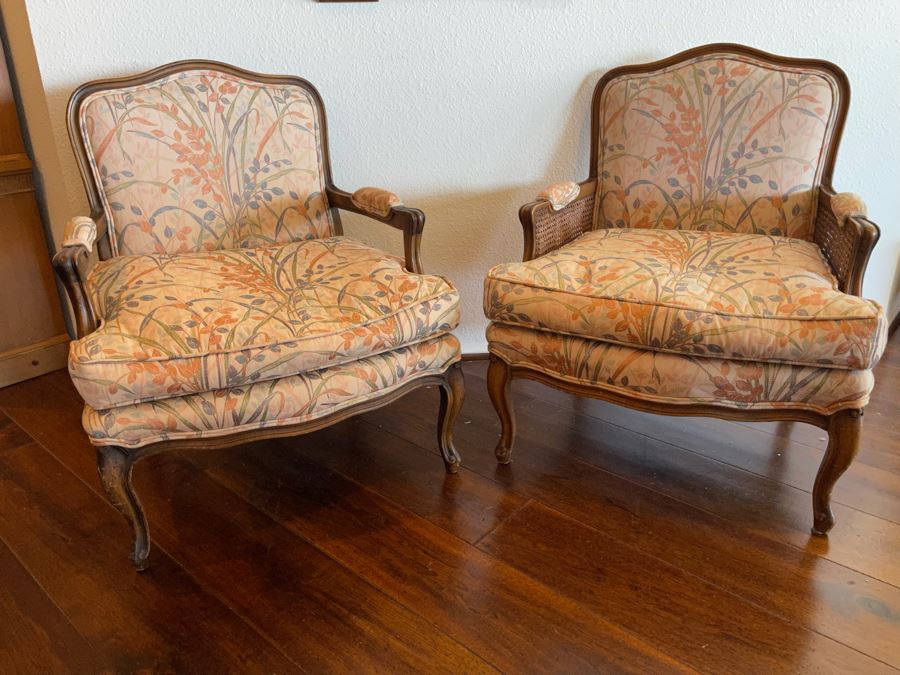 Pair Of Upholstered Armchairs With Cane Sides [Photo 3]