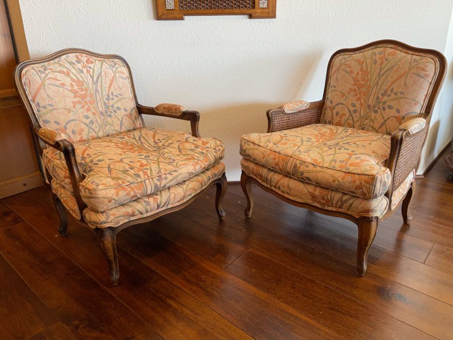 Pair Of Upholstered Armchairs With Cane Sides [Photo 1]