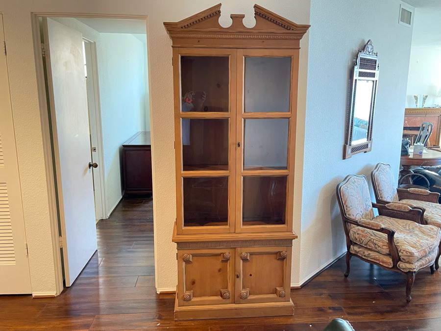Wooden Bookcase With Glass Front Doors And Lower Cabinet 2’10”W X 1’2”D X 7’H [Photo 1]