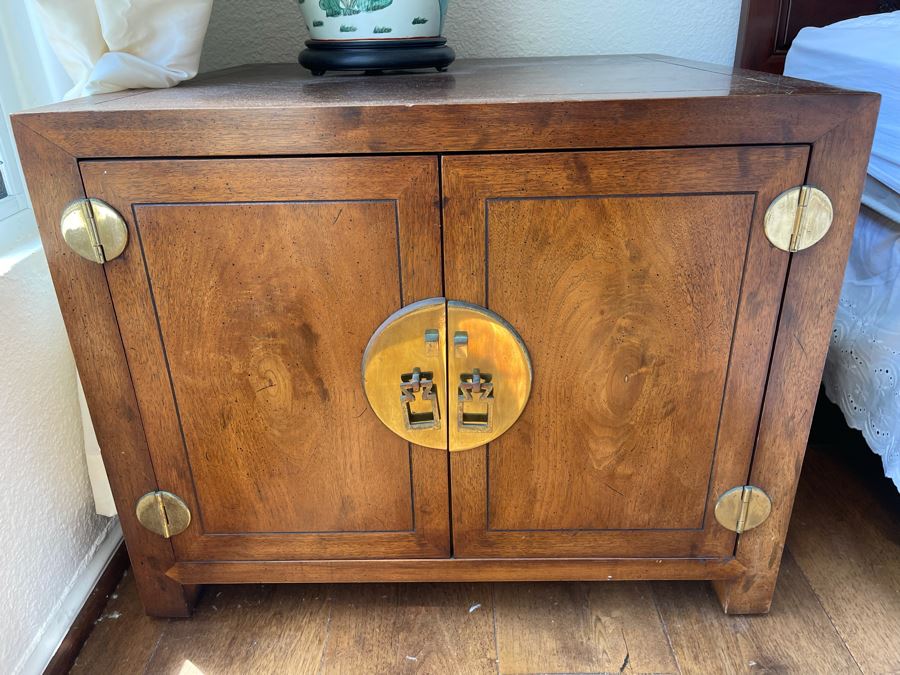 Chinese Wooden Side Cabinet With Brass Accents 2’4”W X 2’4”D X 1’10”H [Photo 1]