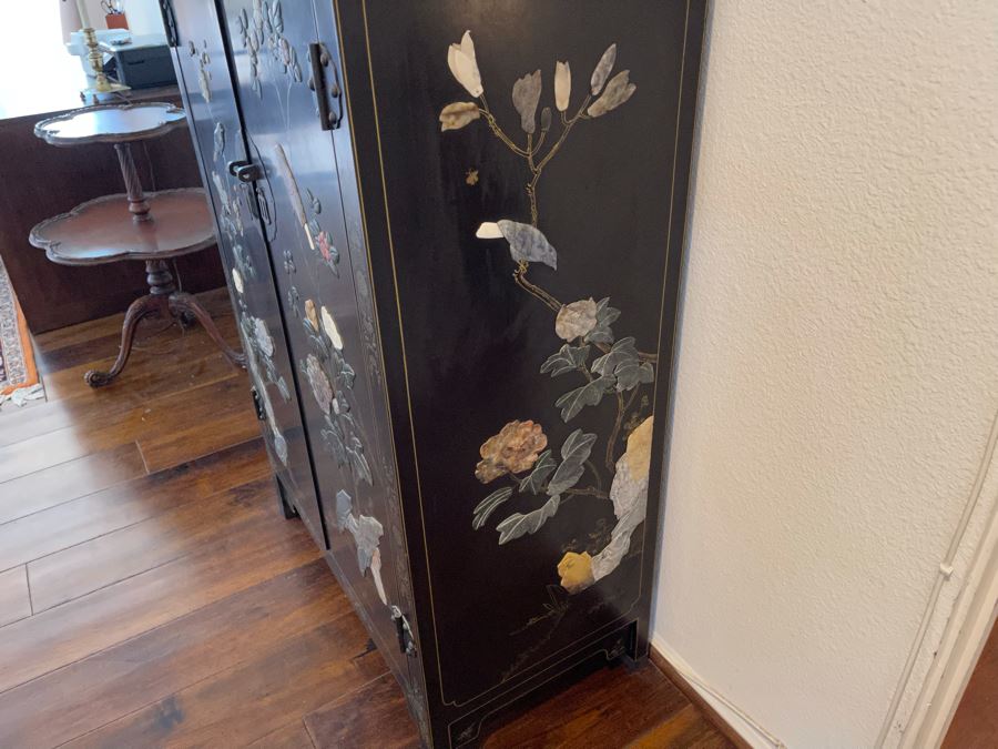 Black And Gold Chinese Wooden Cabinet With Relief Carved Semiprecious Stones Birds And Floral Decorations 2’10”W X 1’6”D X 4’4”H [Photo 12]