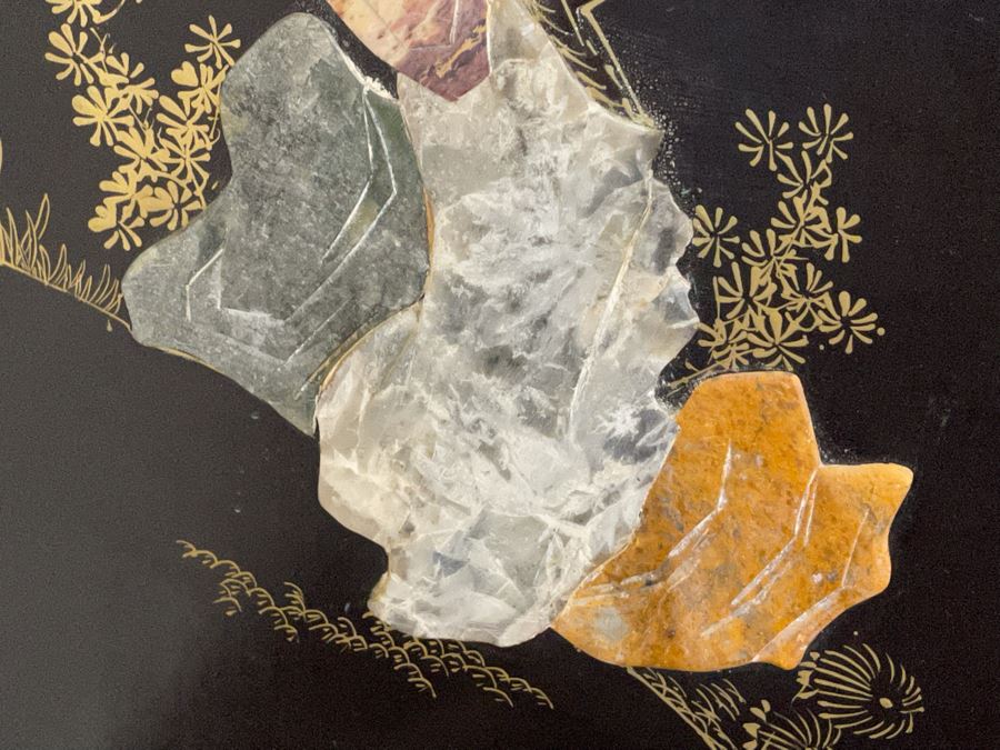 Black And Gold Chinese Wooden Cabinet With Relief Carved Semiprecious Stones Birds And Floral Decorations 2’10”W X 1’6”D X 4’4”H [Photo 7]