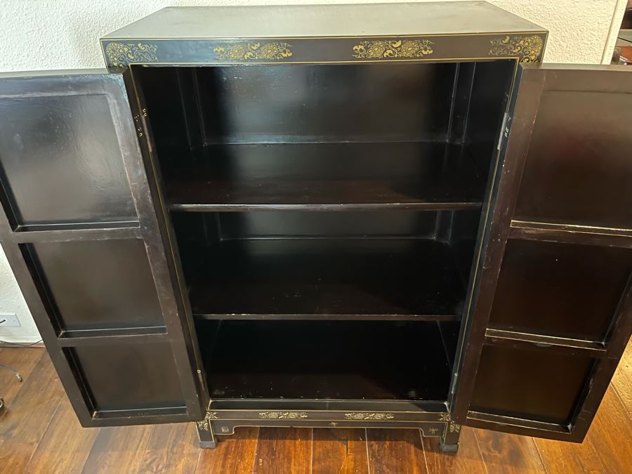 Black And Gold Chinese Wooden Cabinet With Relief Carved Semiprecious Stones Birds And Floral Decorations 2’10”W X 1’6”D X 4’4”H [Photo 15]