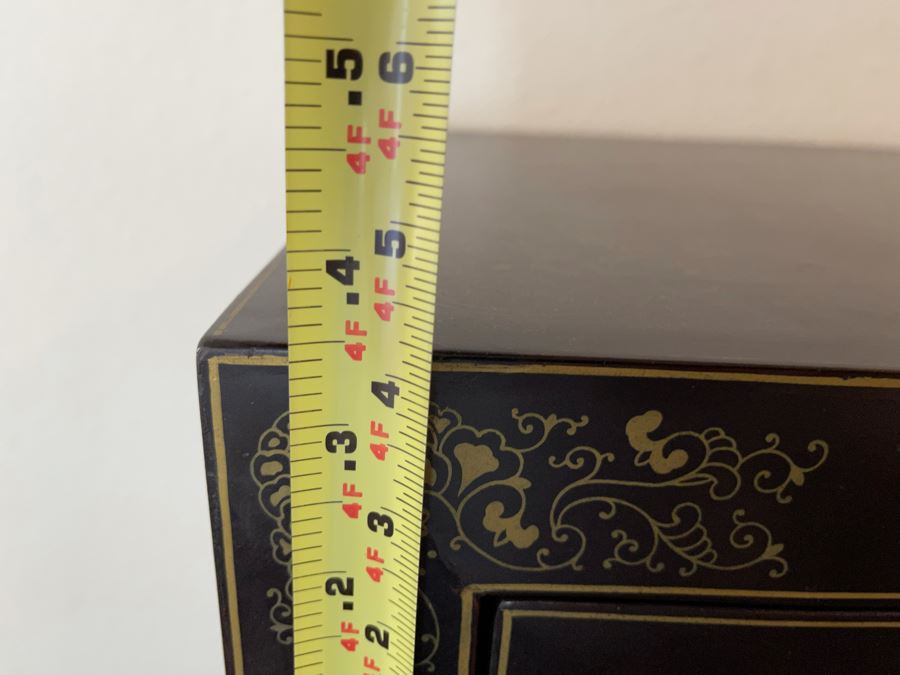 Black And Gold Chinese Wooden Cabinet With Relief Carved Semiprecious Stones Birds And Floral Decorations 2’10”W X 1’6”D X 4’4”H [Photo 18]