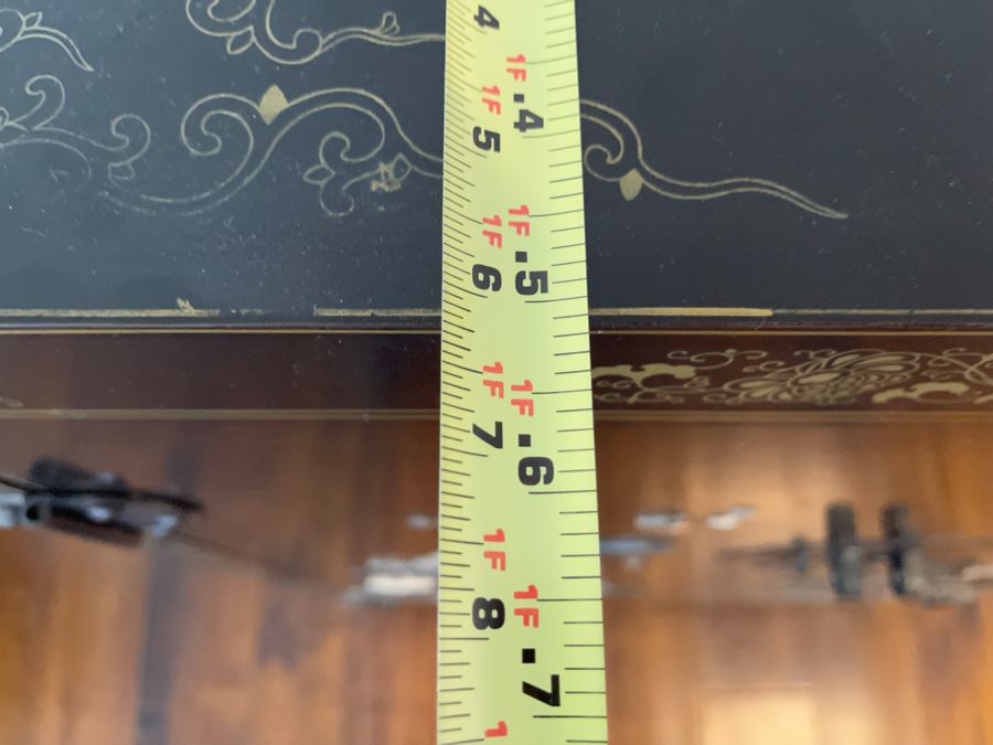 Black And Gold Chinese Wooden Cabinet With Relief Carved Semiprecious Stones Birds And Floral Decorations 2’10”W X 1’6”D X 4’4”H [Photo 17]