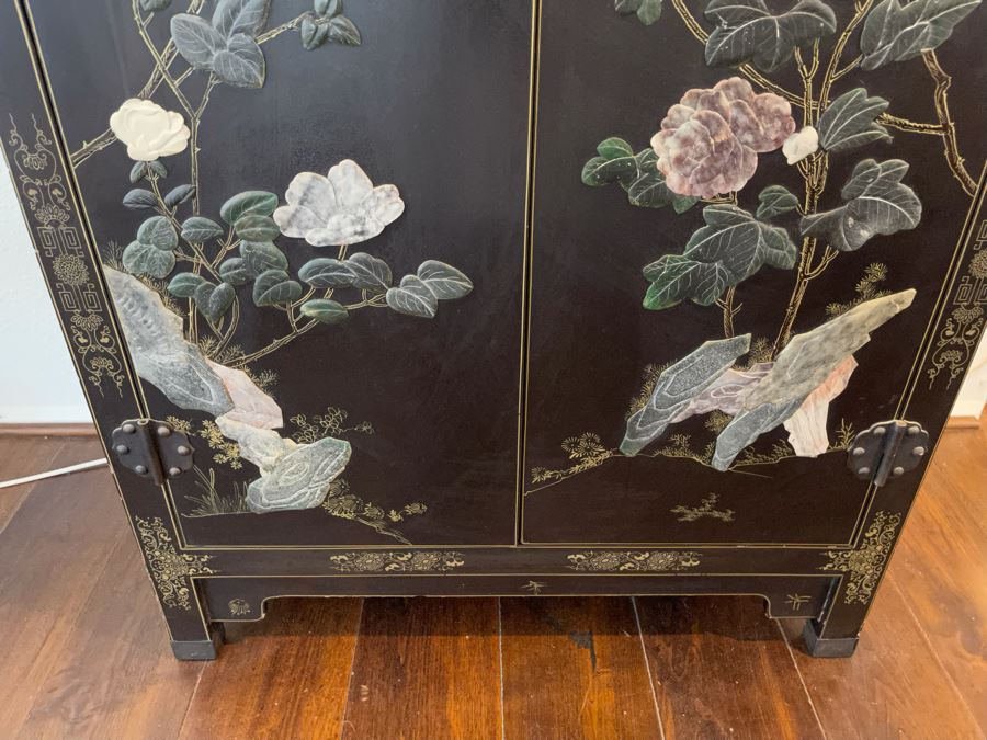 Black And Gold Chinese Wooden Cabinet With Relief Carved Semiprecious Stones Birds And Floral Decorations 2’10”W X 1’6”D X 4’4”H [Photo 10]