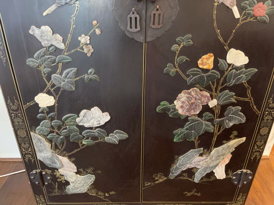Black And Gold Chinese Wooden Cabinet With Relief Carved Semiprecious Stones Birds And Floral Decorations 2’10”W X 1’6”D X 4’4”H [Photo 11]