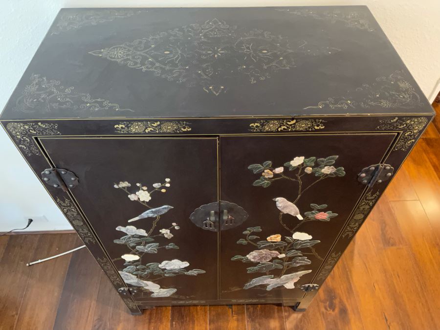 Black And Gold Chinese Wooden Cabinet With Relief Carved Semiprecious Stones Birds And Floral Decorations 2’10”W X 1’6”D X 4’4”H [Photo 14]