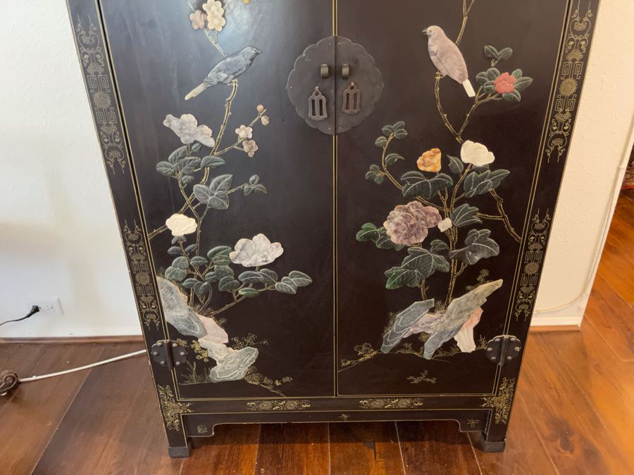 Black And Gold Chinese Wooden Cabinet With Relief Carved Semiprecious Stones Birds And Floral Decorations 2’10”W X 1’6”D X 4’4”H [Photo 3]
