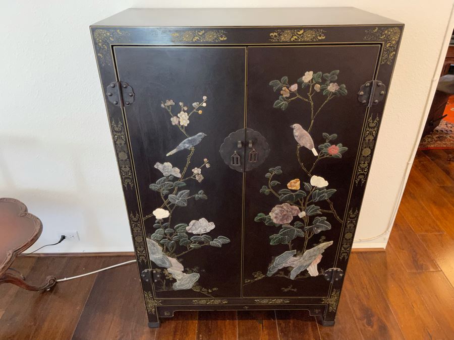Black And Gold Chinese Wooden Cabinet With Relief Carved Semiprecious Stones Birds And Floral Decorations 2’10”W X 1’6”D X 4’4”H [Photo 2]