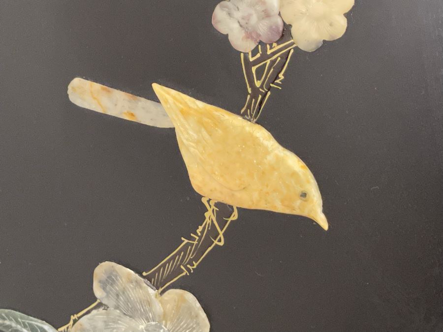 Black And Gold Chinese Wooden Cabinet With Relief Carved Semiprecious Stones Birds And Floral Decorations 2’10”W X 1’6”D X 4’4”H [Photo 9]