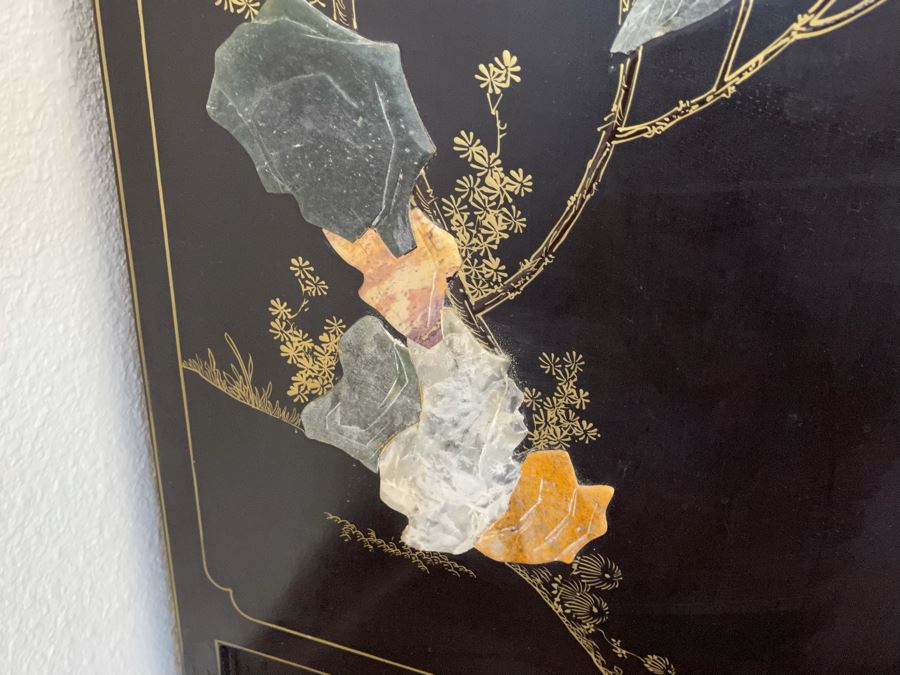 Black And Gold Chinese Wooden Cabinet With Relief Carved Semiprecious Stones Birds And Floral Decorations 2’10”W X 1’6”D X 4’4”H [Photo 6]