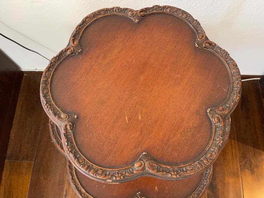 Vintage Wooden 2-Tier Pedestal Table 2’1”W X 2’9”H [Photo 6]
