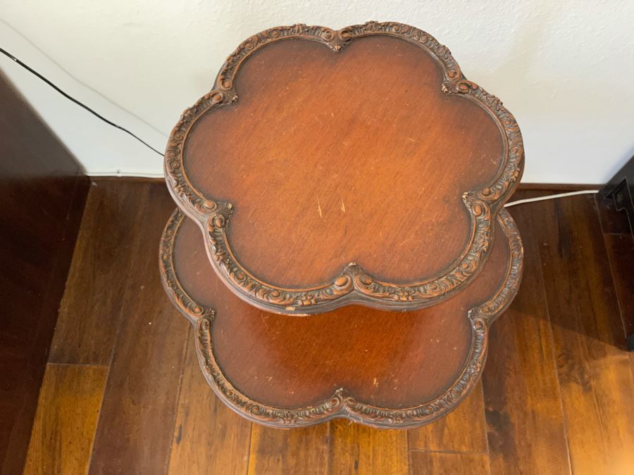 Vintage Wooden 2-Tier Pedestal Table 2’1”W X 2’9”H [Photo 5]