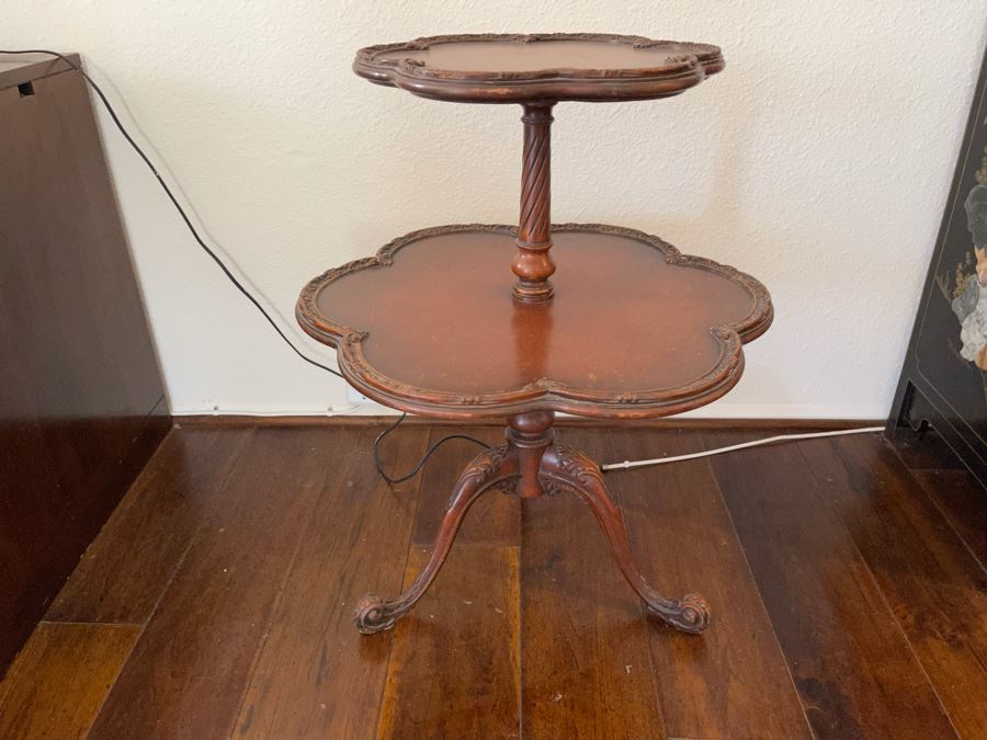 Vintage Wooden 2-Tier Pedestal Table 2’1”W X 2’9”H [Photo 3]