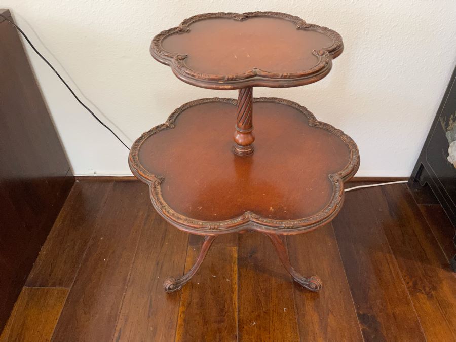 Vintage Wooden 2-Tier Pedestal Table 2’1”W X 2’9”H [Photo 2]