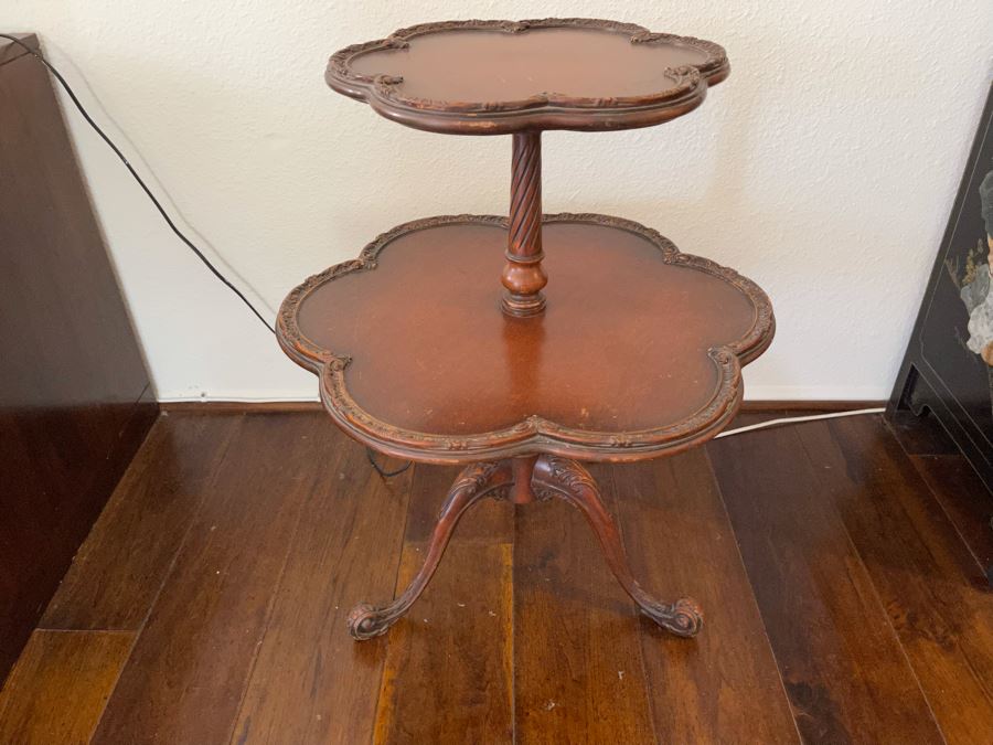 Vintage Wooden 2-Tier Pedestal Table 2’1”W X 2’9”H [Photo 1]