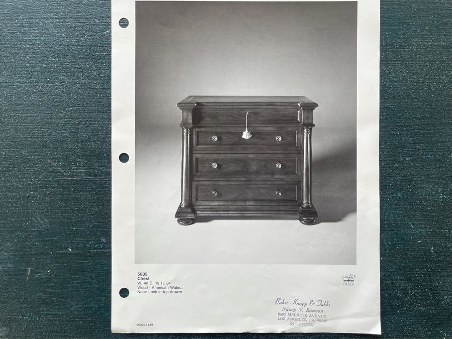 Stunning Pair Of Baker Furniture American Walnut Chest Of Drawers With Top Lock In Top Drawer With Original Product Brochure 3’4”W X 1’7”D X 2’10”H Retails $5,300 [Photo 2]