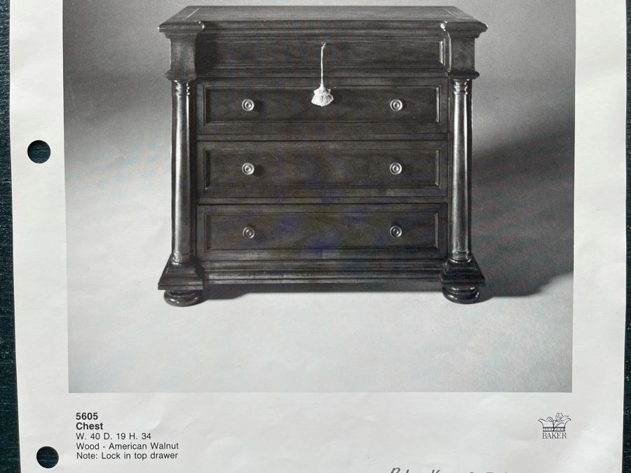 Stunning Pair Of Baker Furniture American Walnut Chest Of Drawers With Top Lock In Top Drawer With Original Product Brochure 3’4”W X 1’7”D X 2’10”H Retails $5,300 [Photo 21]