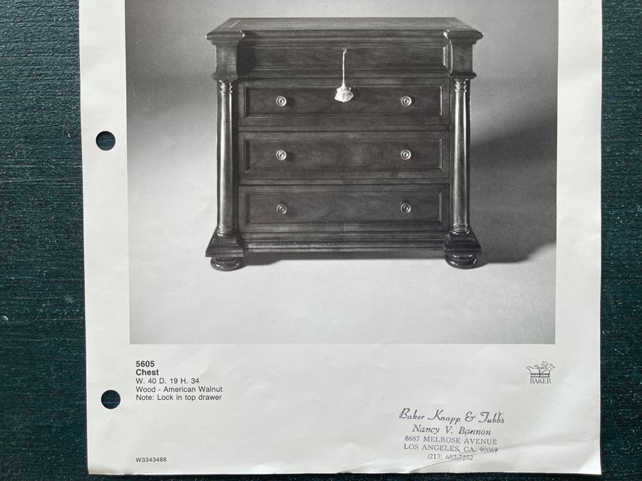 Stunning Pair Of Baker Furniture American Walnut Chest Of Drawers With Top Lock In Top Drawer With Original Product Brochure 3’4”W X 1’7”D X 2’10”H Retails $5,300 [Photo 20]