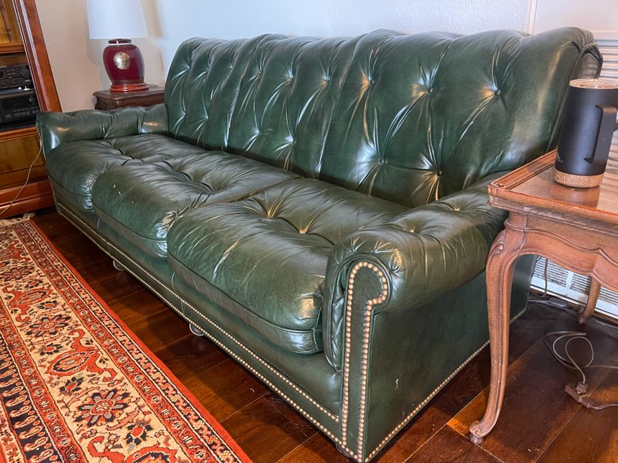 Hancock & More Green Tufted Leather Sofa With Brass Nailhead Trim On Casters 7’3”W X 3’5”D X 2’9”H [Photo 3]