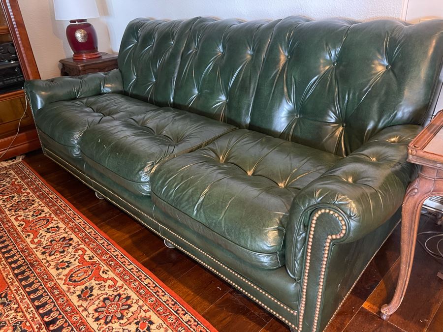 Hancock & More Green Tufted Leather Sofa With Brass Nailhead Trim On Casters 7’3”W X 3’5”D X 2’9”H [Photo 4]