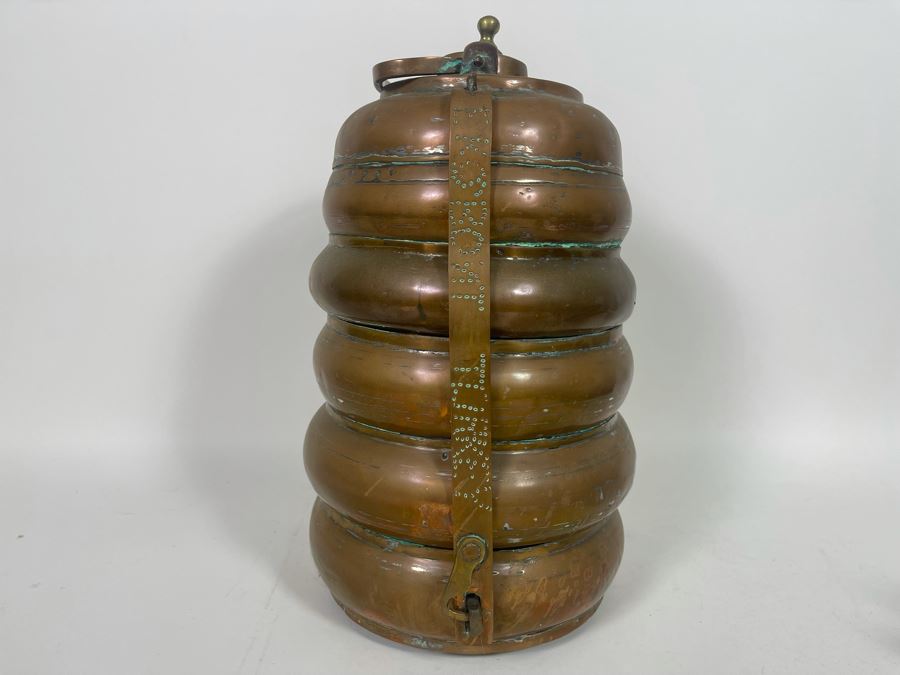 JUST ADDED - Vintage Turkish Brass Tiffin Carrier Lunch Box 14.5H [Photo 3]