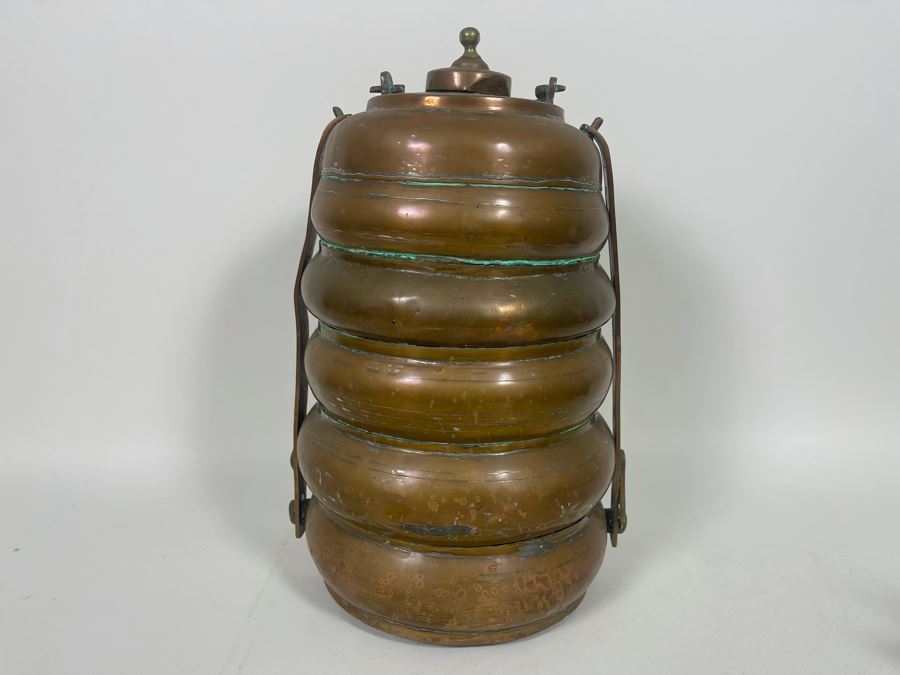 JUST ADDED - Vintage Turkish Brass Tiffin Carrier Lunch Box 14.5H [Photo 4]
