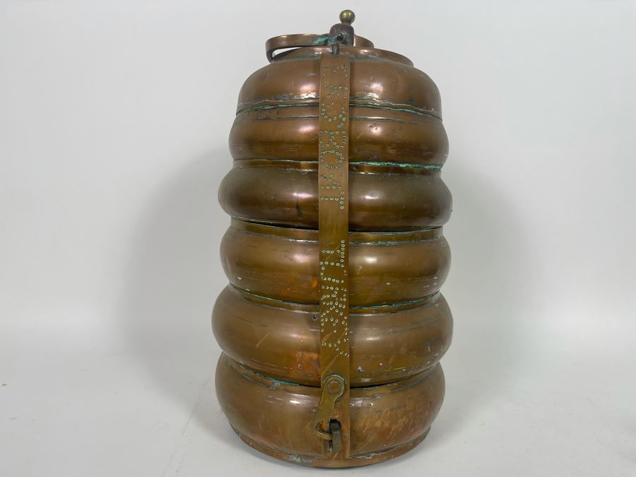 JUST ADDED - Vintage Turkish Brass Tiffin Carrier Lunch Box 14.5H [Photo 2]