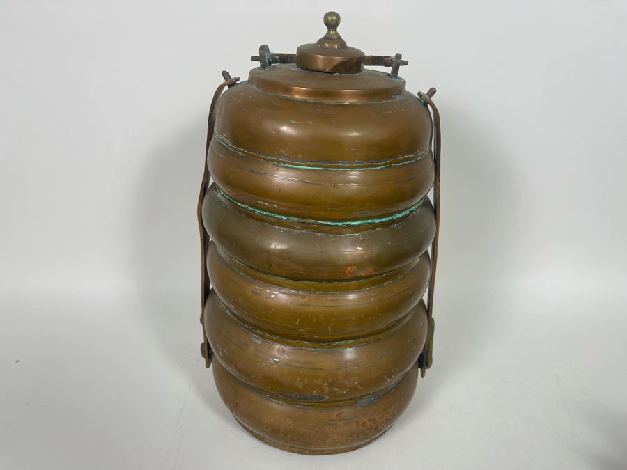 JUST ADDED - Vintage Turkish Brass Tiffin Carrier Lunch Box 14.5H [Photo 5]