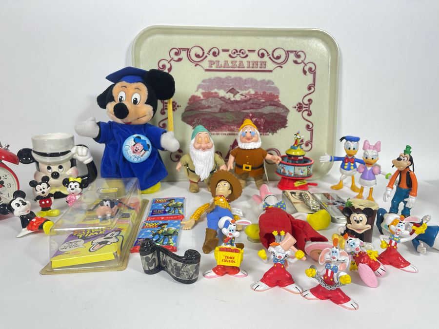 JUST ADDED - Large Collection Of Disney Mickey Mouse Figurines, Disney Tray, Watches, Clock