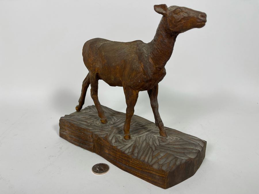 Original Antique 1919 Wood Carving Sculpture Of Deer Signed On Bottom By Artist Signature Illegible 10W X 4.5D X 9H [Photo 5]
