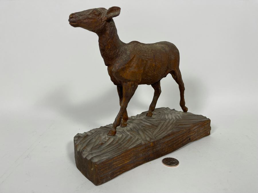 Original Antique 1919 Wood Carving Sculpture Of Deer Signed On Bottom By Artist Signature Illegible 10W X 4.5D X 9H [Photo 9]