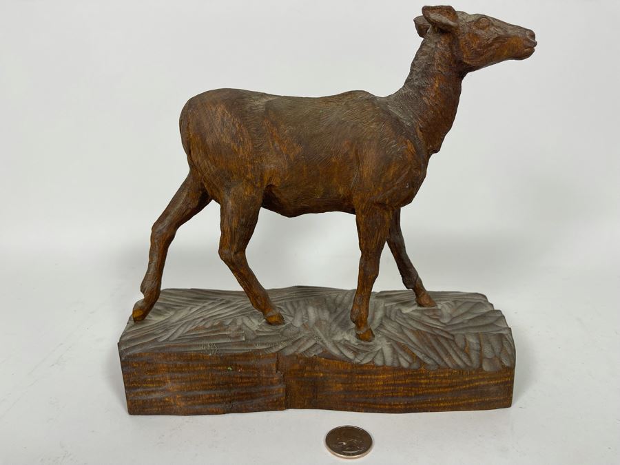 Original Antique 1919 Wood Carving Sculpture Of Deer Signed On Bottom By Artist Signature Illegible 10W X 4.5D X 9H [Photo 2]