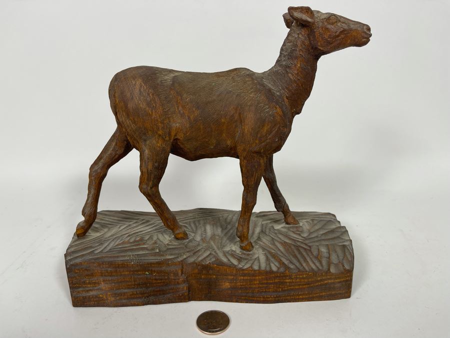 Original Antique 1919 Wood Carving Sculpture Of Deer Signed On Bottom By Artist Signature Illegible 10W X 4.5D X 9H [Photo 3]