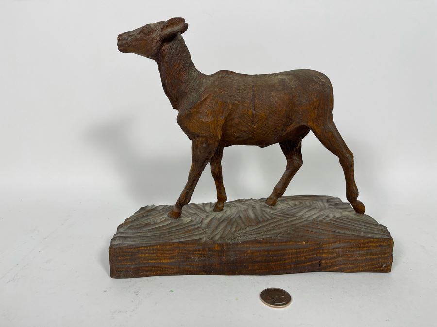 Original Antique 1919 Wood Carving Sculpture Of Deer Signed On Bottom By Artist Signature Illegible 10W X 4.5D X 9H [Photo 10]