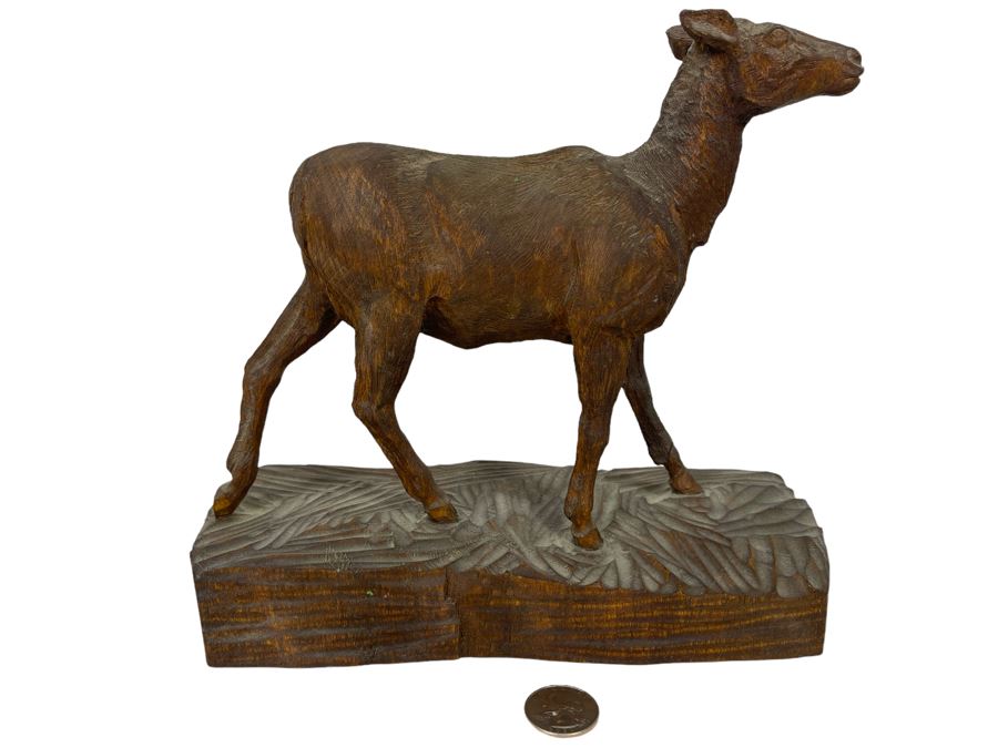 Original Antique 1919 Wood Carving Sculpture Of Deer Signed On Bottom By Artist Signature Illegible 10W X 4.5D X 9H